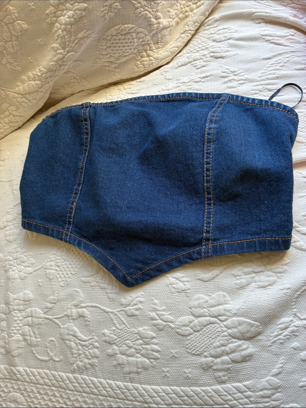 Denim Strapless Crop Top - Dark Blue